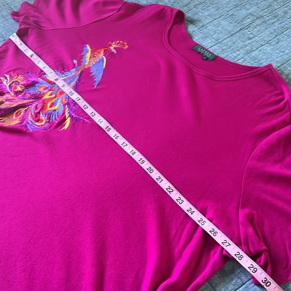 LAUREN RALPH LAUREN Embroidered Peacock 100% Cotton Scoopneck Tee Fuschia |  3X - Picture 7 of 8